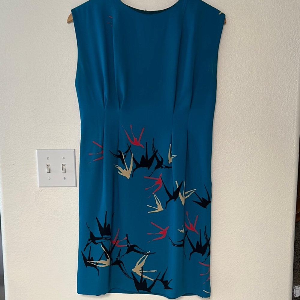 Anthropologie Teal Midi Dress with Black, Pink, and Cream Bird Motif
